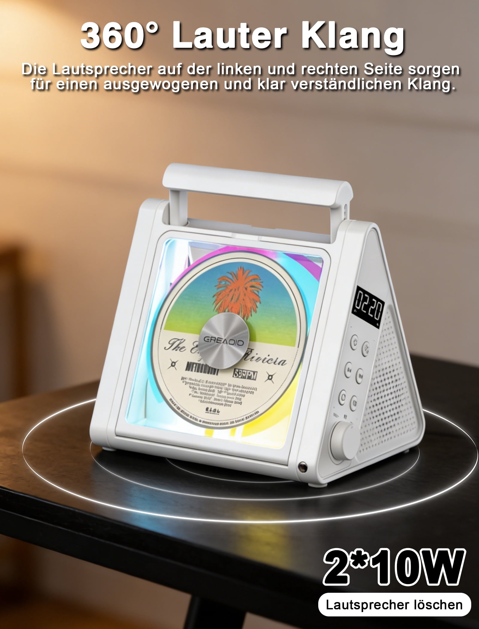 Greadio Portable CD Player with 20W Speaker, 4000mAh Rechargeable Bluetooth CD Player with Battery,Triangle Design Speaker with Remote Control