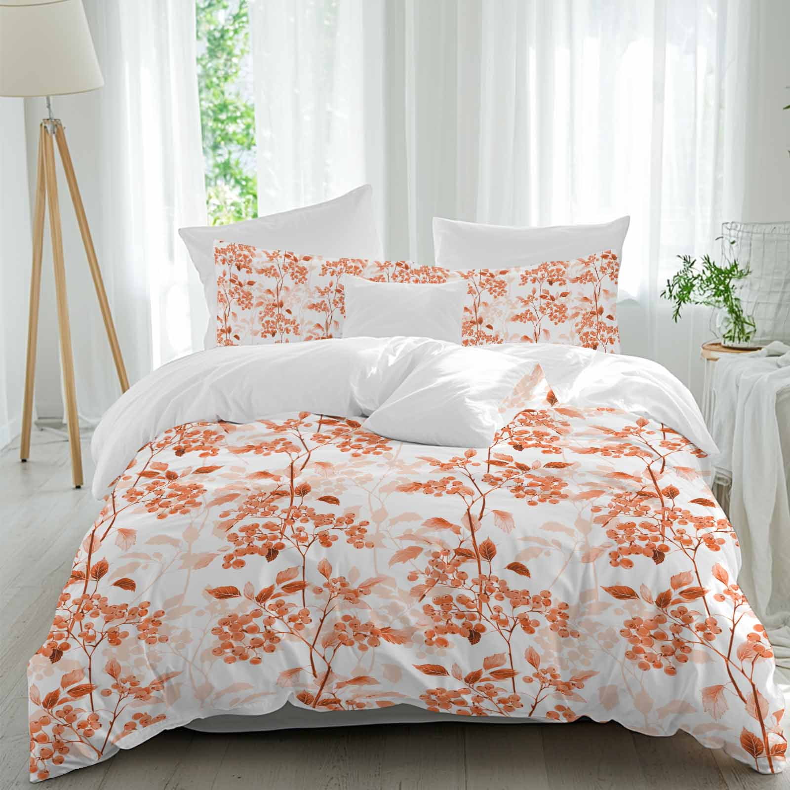 Burnt Orange Botanical Bedding 3 Piece Duvet Cover Set Full Size, Vintage Nature Flower Soft Microfiber Comforter Cover with Zipper Closure & Pillowcases, Wrinkle & FadeResistant Quilt Cover