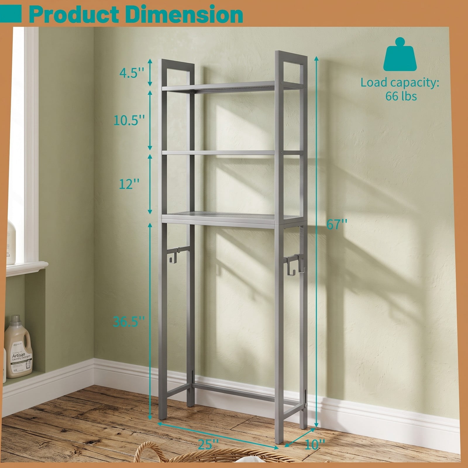 ALPULON Over-The-Toilet Storage Shelf, 3-Tier Space Saving Metal Bathroom Organizer Rack with 3 Hooks and Anti-Tipping Device, Freestanding Above Toilet Stand, Gray