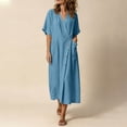 thumbnail image 5 of Bxsruta Women's Wrap V Neck Midi Dress Button Front Short Sleeve Loose Fit Casual Faux Linen Summer Dress Breathable Lightweight Versatile Everyday Flattering, 5 of 8