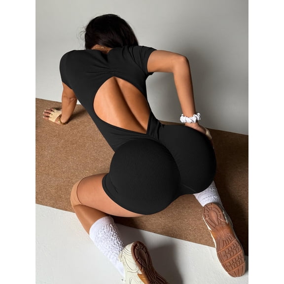 Women Ribbed Short Sleeve Workout Onesie Open Back Ruched Butt Lifting Bodysuit High Stretch Athletic Yoga Jumpsuit