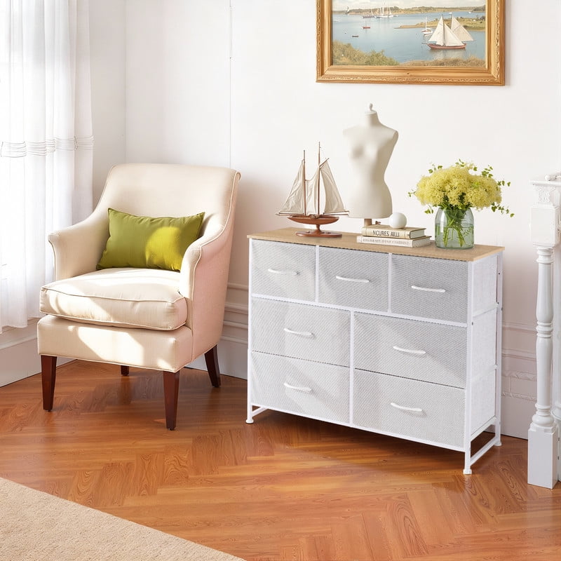 Simenmax 7 Drawer Dresser for Bedroom, Fabric Storage Dresser for Bedroom, Wood and Metal Dresser TV Stand for Living Room, Entryway Light Gray