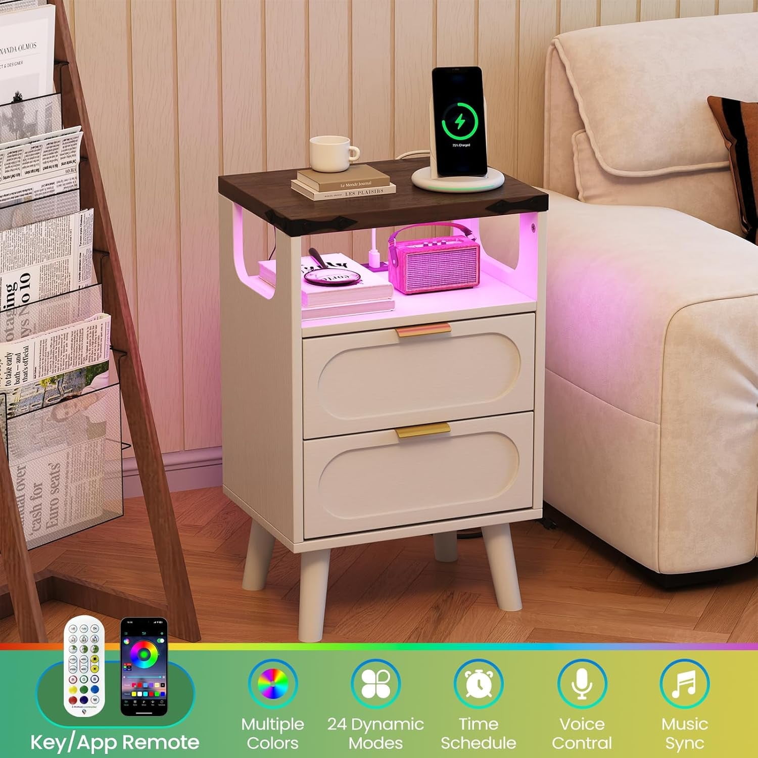 End Table with Charging Station, Smart LED Night Stand with 2 Wooden Drawers and Storage Shelf, Bedside Table with USB Ports & Outlets, for Living Room/Bedroom, White