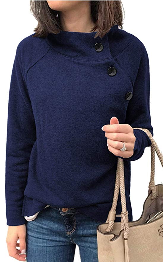 Levas Womens Fleece Asymmetrical Snap Pullover Long Sleeve Button Neck（S-2XL）