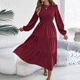 thumbnail image 6 of DeHolifer Women Dresses Solid Color Long Sleeve Crewneck Maxi Dress A-Line Swing Flowy Long Dress Wine S, 6 of 7