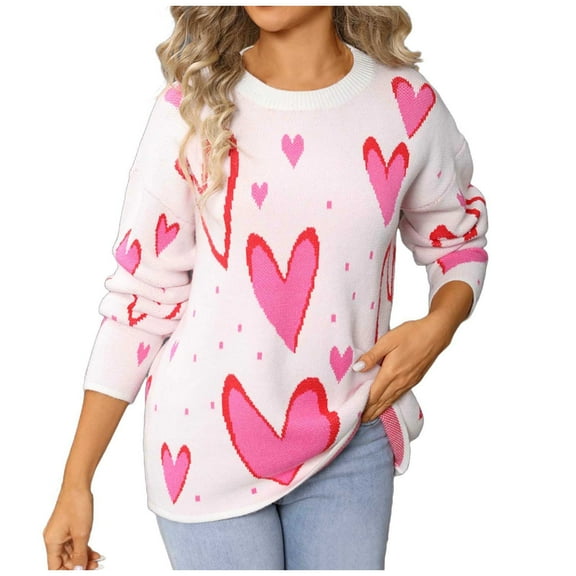 Tnhcen Women's Pink Heart Print Sweater Cute Valentine's Day Knit Top Soft Acrylic Long Sleeve Crewneck Casual Romantic Love Pattern Sweater Cozy Fall Winter Y2K Fashion