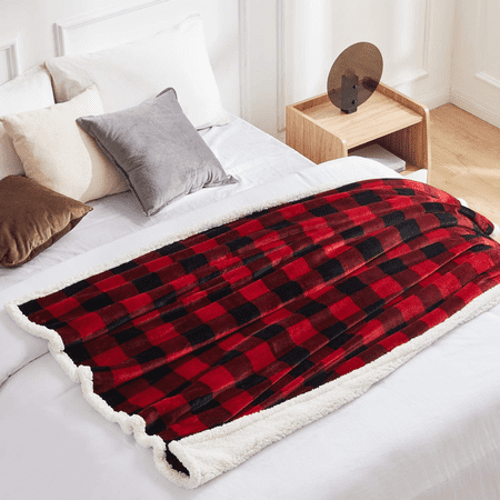 ROSEKIND Black and Red Buffalo Plaid Sherpa Throw Blanket | OEKO-TEX Certified | Reversible Fleece Throw, All-Season | Throw Size 50x60in