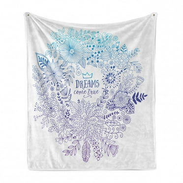 Boho Soft Flannel Fleece Throw Blanket, Dreams Come True Message with Botanical Blossoms Inspirational Wedding, Cozy Plush for Indoor and Outdoor Use, 50" x 60", Blue Violet Turquoise, by Ambesonne