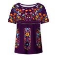 thumbnail image 4 of FAVIPT Mexican Embroidered Tops for Women Short Sleeve Crew Neck T Shirt Bohemian Peasant Ethnic Style Shirts Vintage Floral Print Pullover Tees Casual Summer 2025 Purple,L, 4 of 5