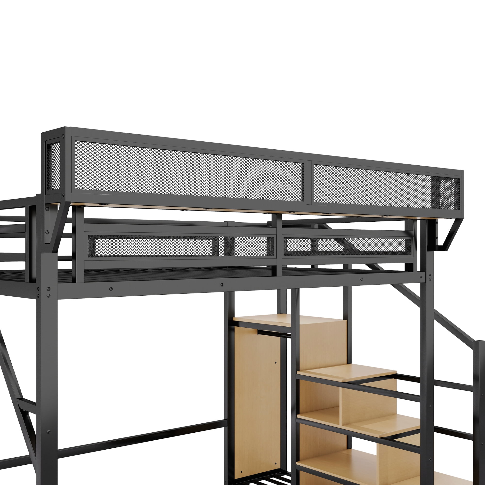 Leumius Queen Size Loft Bed with Wardrobe, Metal Queen Loft Bed with Storage Shelves, High Loft Bed with Stairs for Kids Teens Adults, Black