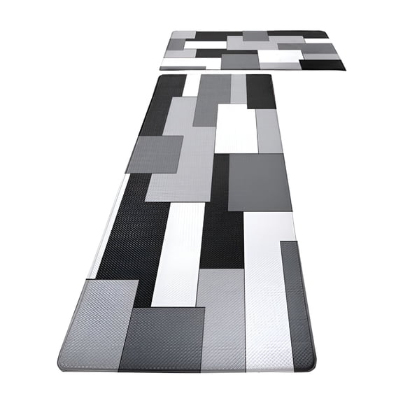 AUQ White Grey Black Kitchen Rugs and Mats Set of 2 Modern Abstract Art Cushioned Anti Fatigue Kitchen Rugs Set Geometric Non-Skid Washable Kitchen Mats for Kitchen Sink Laundry