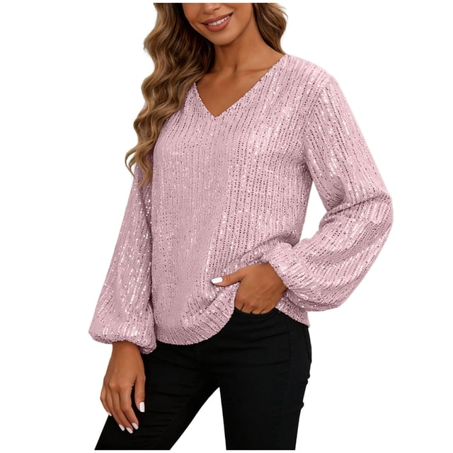 DXOUPM Women's Long Sleeve Shirts V Neck Sequined Shirt Work Clothes Versatile Daily Wear