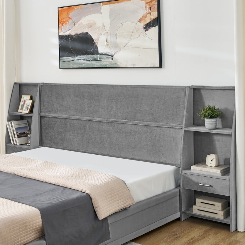 Queen/King Size Modern Upholstered Platform Bed Frame, Velvet Storage Bed with Headboard, Side Bookcases & Drawers Nightstand