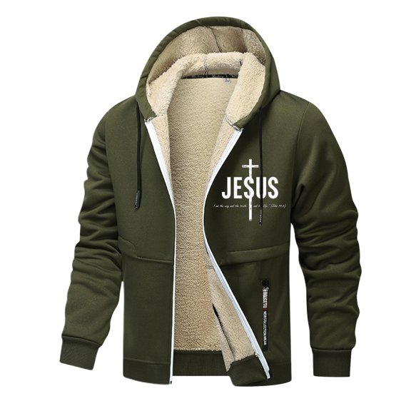 Men's Christmas Hooded Jacket Heavyweight Warm Full Zip Long Sleeve Outdoor Lined Coat Winter Cold Weather Army Green L