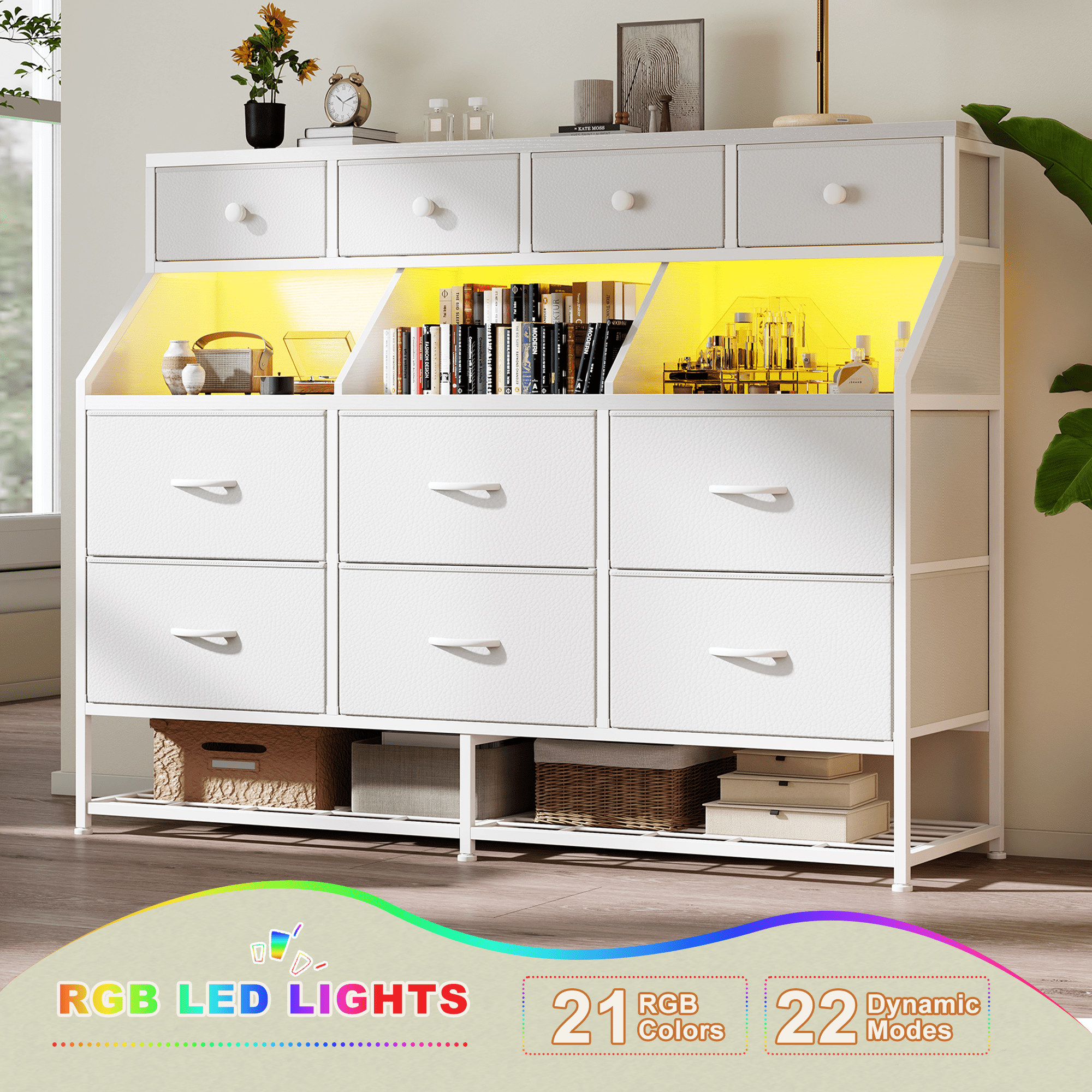 Romorgniz Dresser for Bedroom with 10 Drawers & Shoe Rack Fabric Dressers & Chests of Drawers with LED Lights and Power Outlets,White