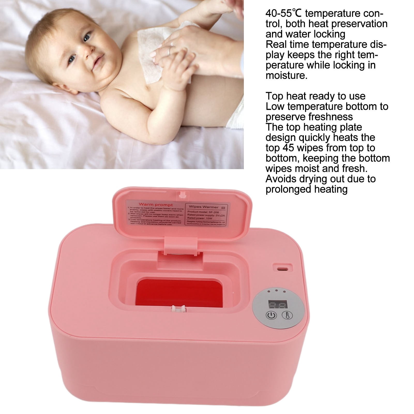 BIMZUC Baby Wipes Warmer with Night Light, Constant Temperature Wet Wipe Dispenser with Adjustable Heat Settings, Portable USB Powered Travel Wipe Heater, Pink