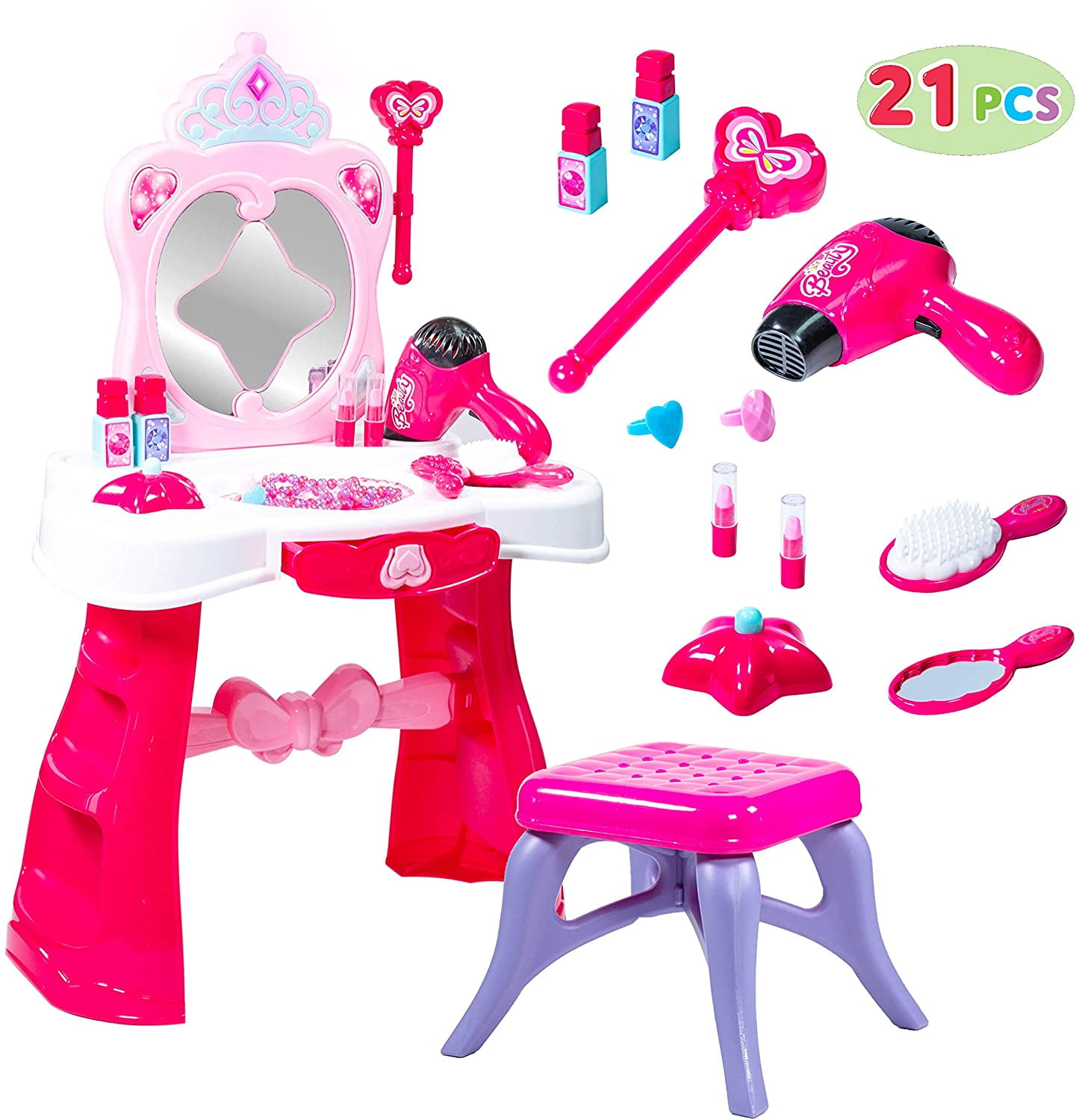 Pretend Play Vanity Table Dressing Table Play Set with Lights Sounds Chair and Fashion Makeup Accessories Makeup Table for Kids Litter Girl