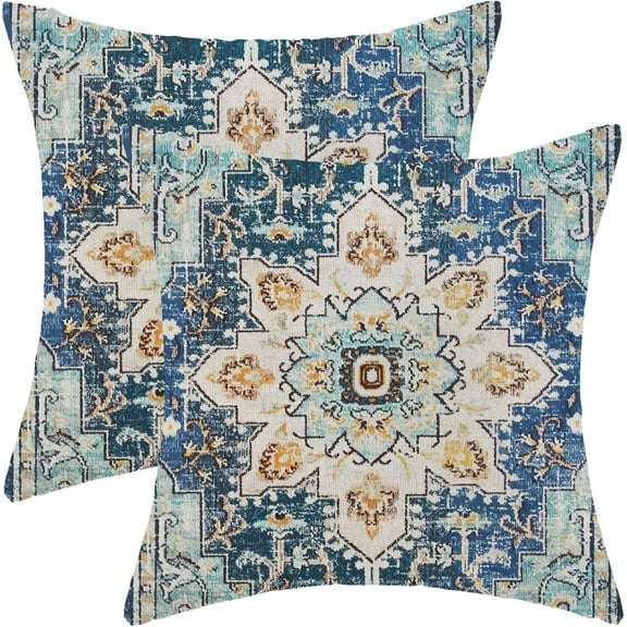 Boho Pillow Covers 16x16 Inch Set of 2,Carpet Pattern Throw Pillows Case,Blue Yellow Ethnic Design Outdoor Decorative Square Linen Farmhouse Decor Cushion Covers for Home Sofa Bed Couch