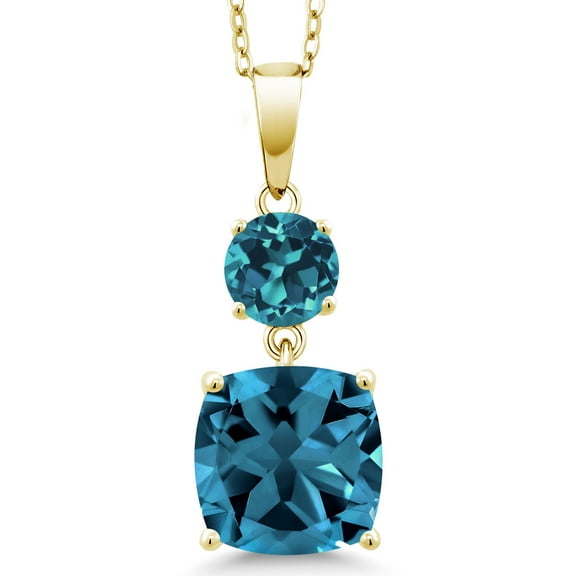 Gem Stone King 18K Yellow Gold Plated Silver London Blue Topaz Pendant Necklace for Women (6.30 Cttw, Gemstone November Birthstone, Cushion 10MM, Round 6MM)