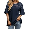 thumbnail image 3 of Xuanfei Women Round Neck Crochet Lace Patchwork Short Sleeve Top, 3 of 7