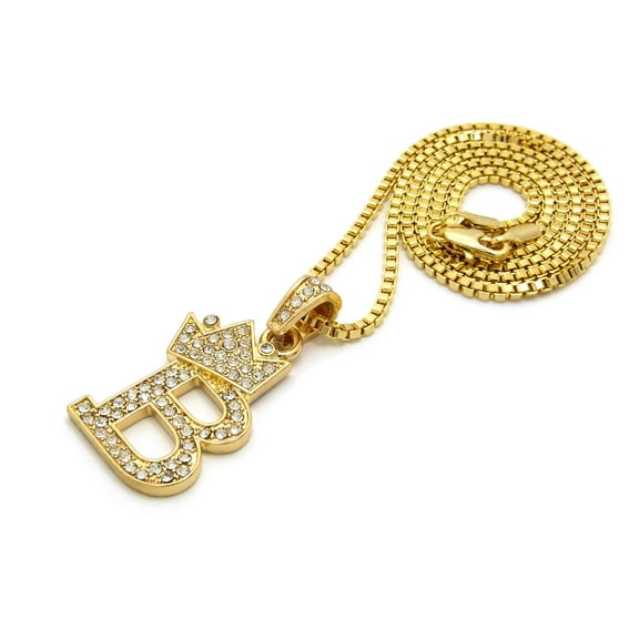 Unique Fashion 21 Stone Filled Small Initial Letter Alphabet B Pendant 2mm 24" Box Chain Necklace in Gold Tone