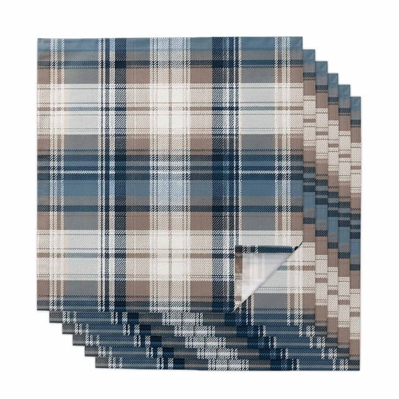 Blue Brown Plaid Cloth Napkins, Vintage Abstract Stripes Lattice Washable and Reusable Dinner Napkins Set of 6, Table Napkin for Kitchen Party Birthday Wedding Hotel Housewarming 20"x20"