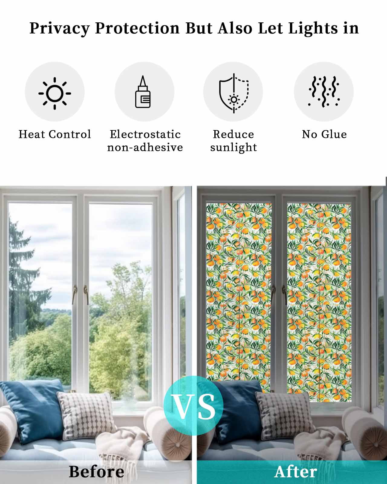 Window Privacy Film Summer Orange Stained Glass Window Film Decorative Sun Block Window Cover Pastoral Fruit Botanical Flowers Window Clings Static Adhesive Sticker for Bathroom 23.6"x78.7"