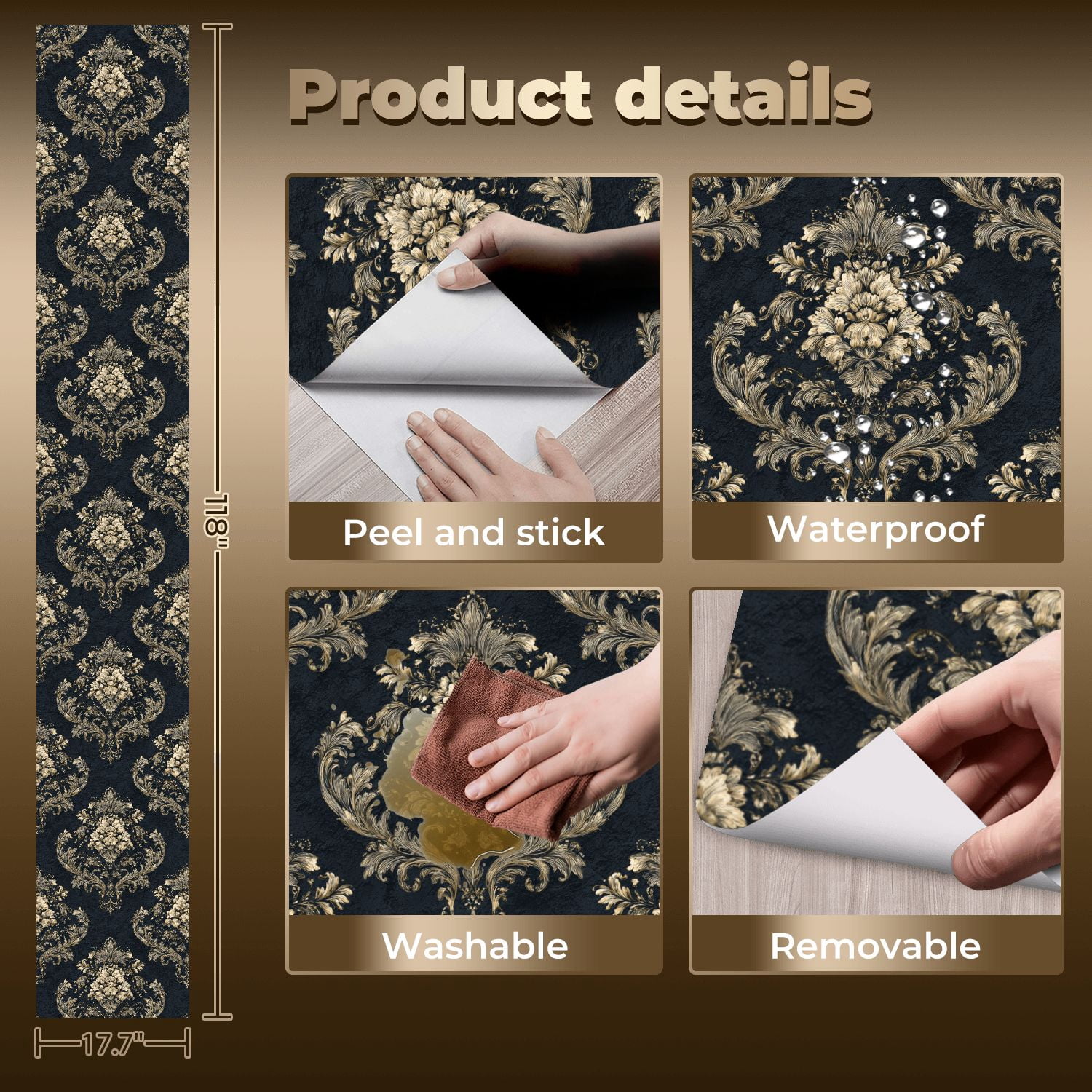 Baroque Peel and Stick Wallpaper Sophisticated Dark Navy Vintage Baroque blue Wall Mural 17.7in x 9.8ft Self Adhesive Removable Wall Paper Renter Friendly Wallpaper for Bedroom Livingroom Men
