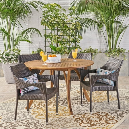 Gary Outdoor 5 Piece Acacia Wood and Wicker Dining Set Teak Multi Brown