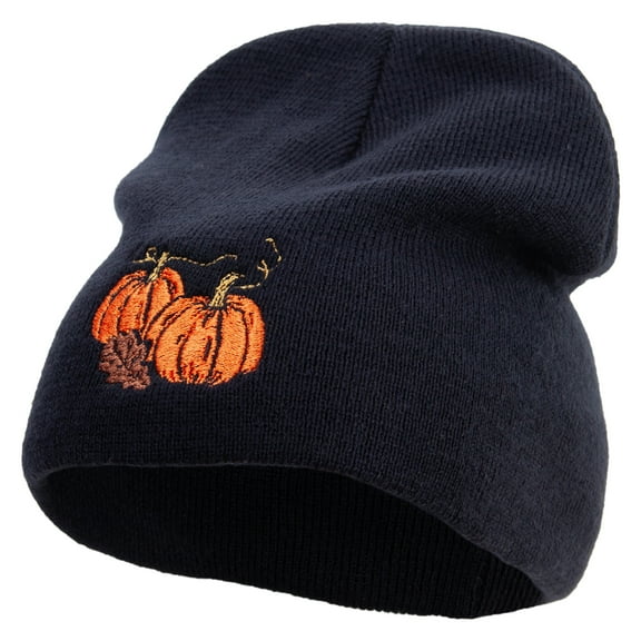 Thanksgiving Pumpkin Decorations Embroidered Big Size Superior Cotton Short Knit Beanie - Black XL-3XL