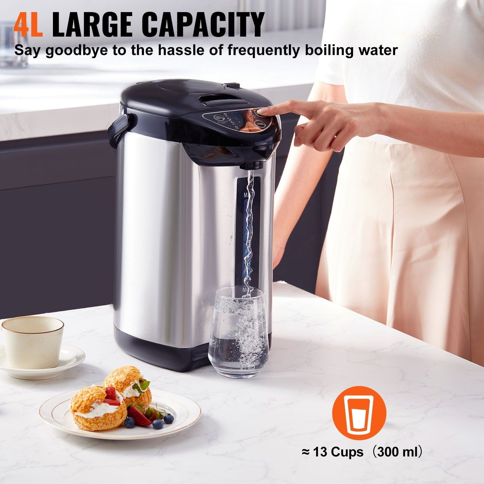 Hot Water Dispenser for Home, 4 Temperature Settings, 4L/135 oz Capacity, 304 Stainless Steel, 3 Dispense Methods for Tea, Coffee, Baby Formula