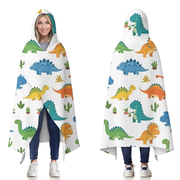 Wearable Blanket,Colorful Dinosaurs Cacti Pattern Hooded Wearable Flannel Blanket for Adults & Teens,Winter Poncho Shawl Wrap Cape Cozy Anti-Pill,50"x60"