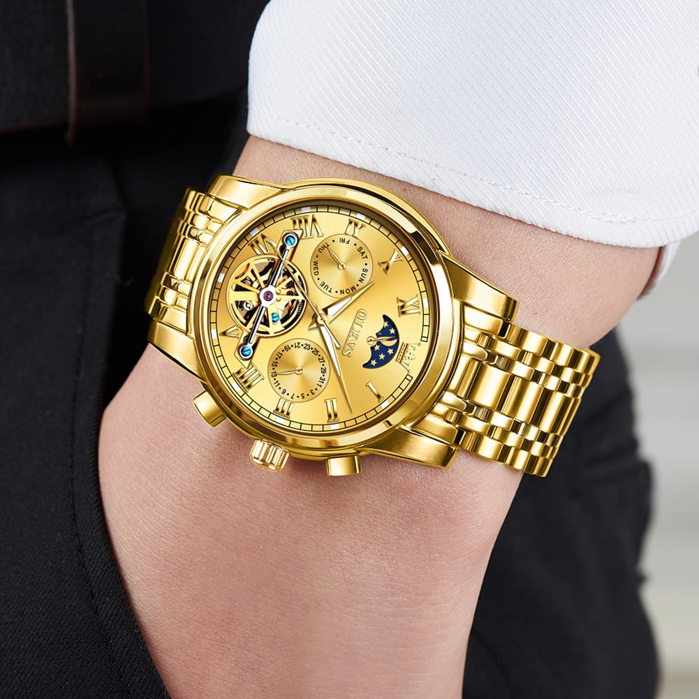 OLEVS Automatic Watches for Mens Skeleton Mechanical Self Winding Chronograph Calendar Classic Dress Moon Phase Multifunction Mens Wrist Watches Luminous Waterproof Stainless Steel Reloj Para Hombre