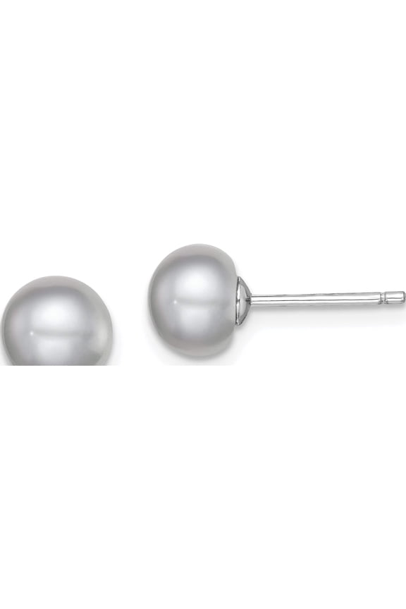 Sterling Silver Rh-Plated 7-8mm Grey Fw Cultured Button Pearl Stud Earrings Made In Canada qe12678