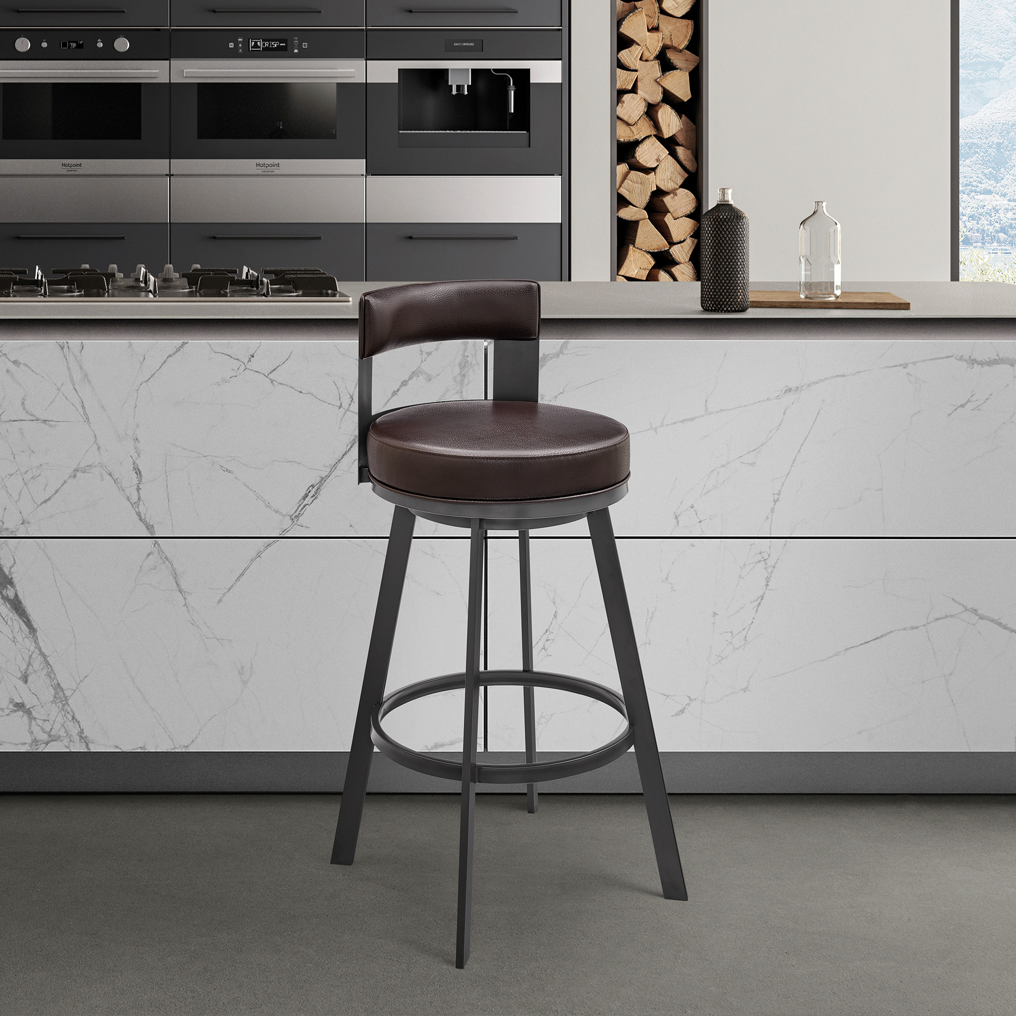 Armen Living Flynn26" Swivel Counter Stool in Brown Metal with Brown Faux Leather