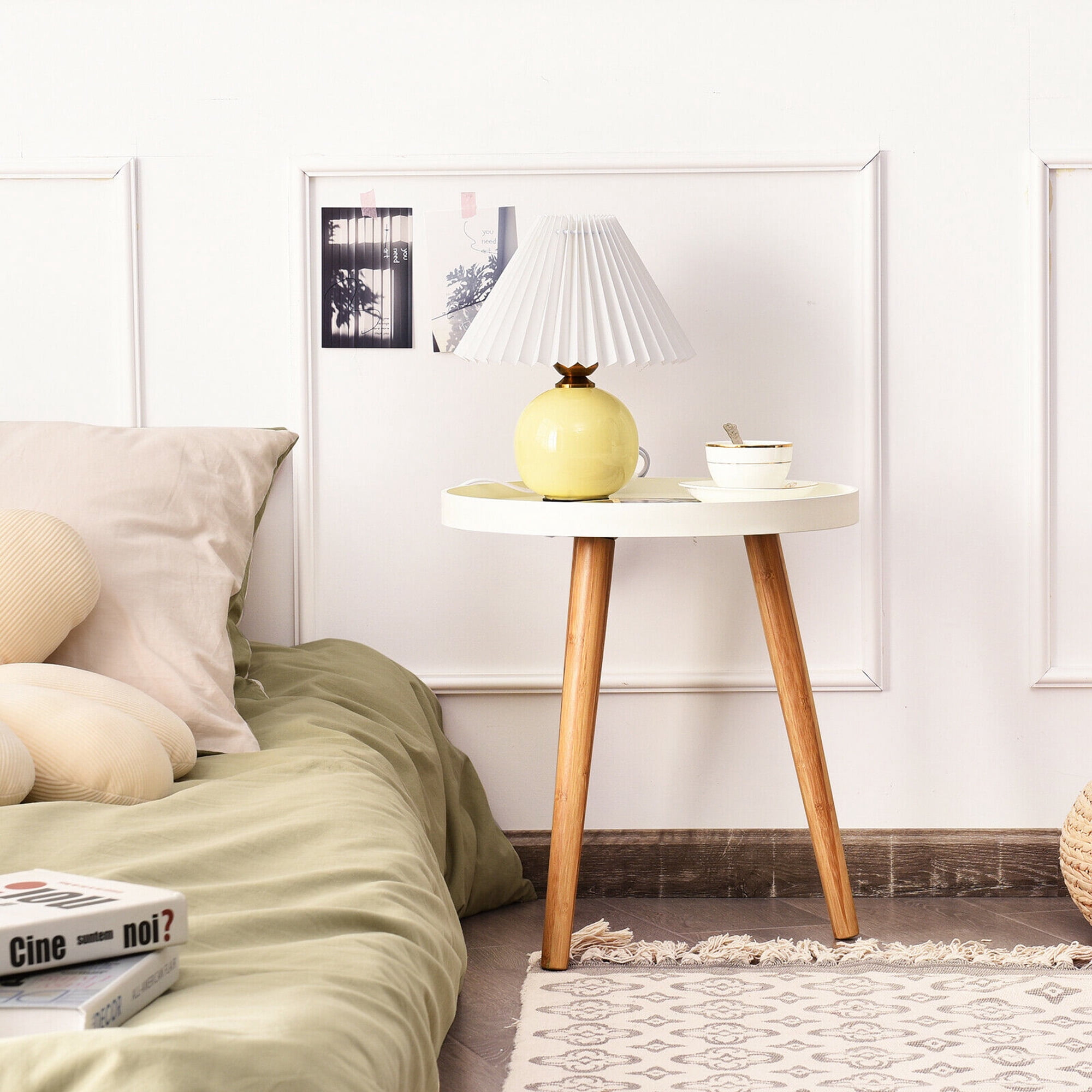 Gymax Wood Round Side Table, White/Brown