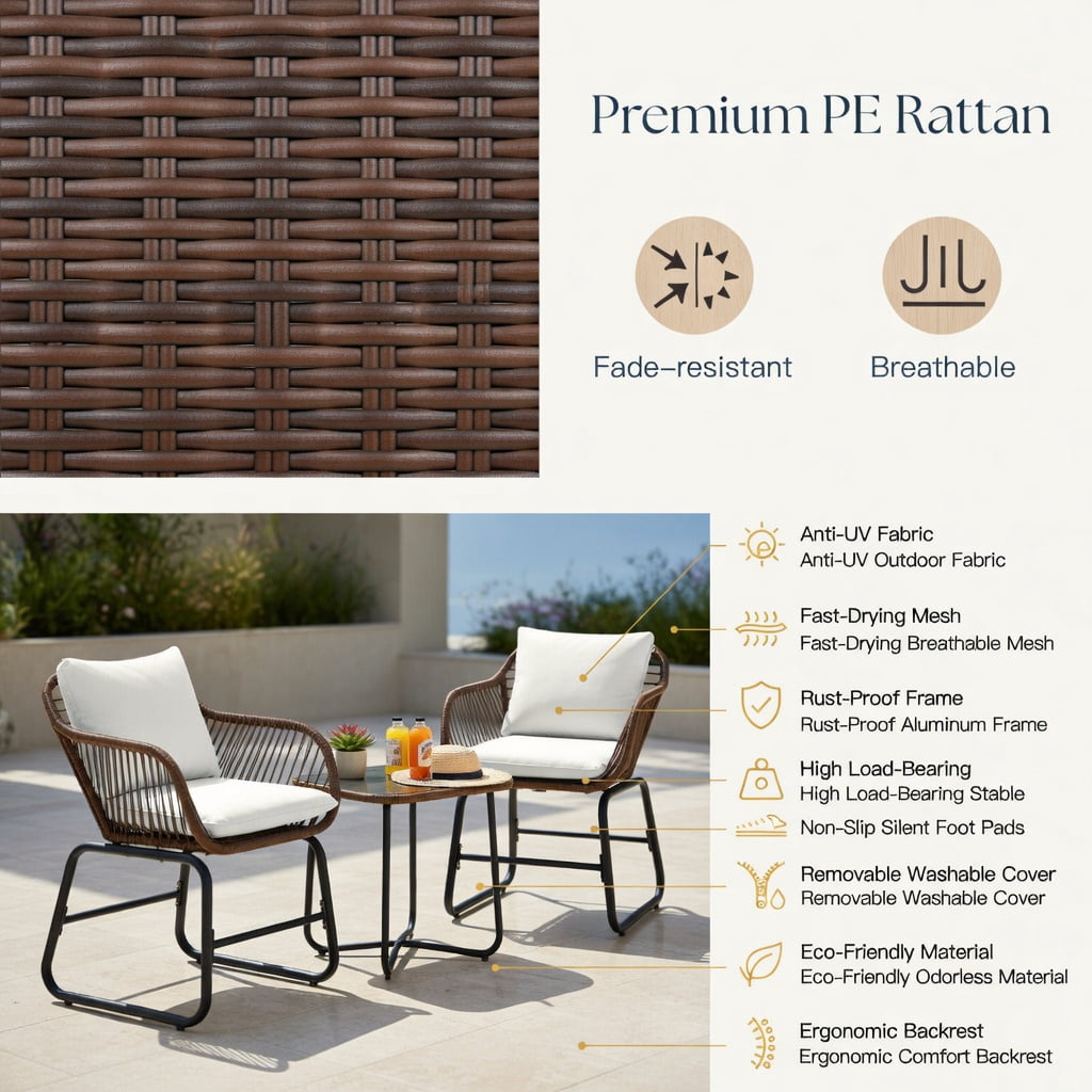 Hommoo 3-Piece Outdoor Rattan Bistro Set with Cushions, Weather-Resistant PE Wicker Armchairs + Tempered Glass Table for Patio, Balcony, Poolside, White