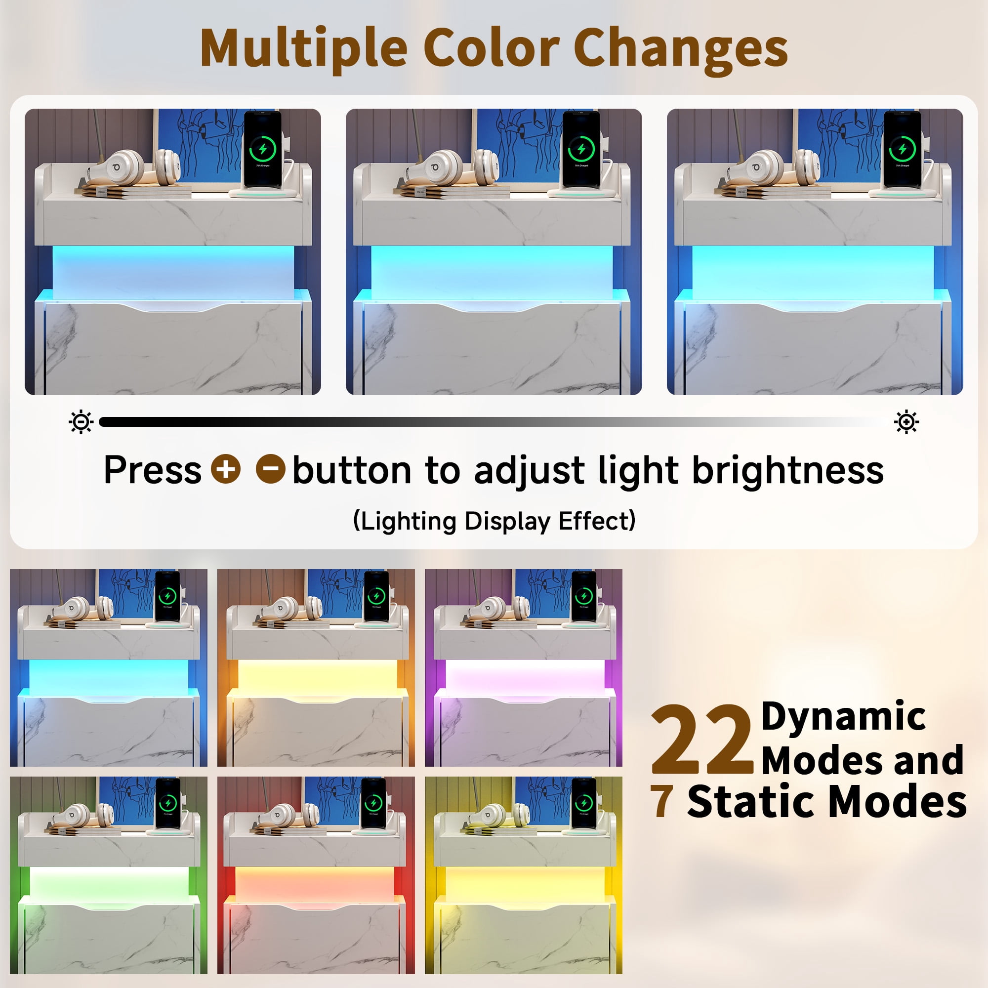 NEGYLIM Bedside Table, Nightstand with Multi-Color LED Light Strip, Quiet Drawers, 3 Drawers, Small Space Solution, Bedroom End Tables, White