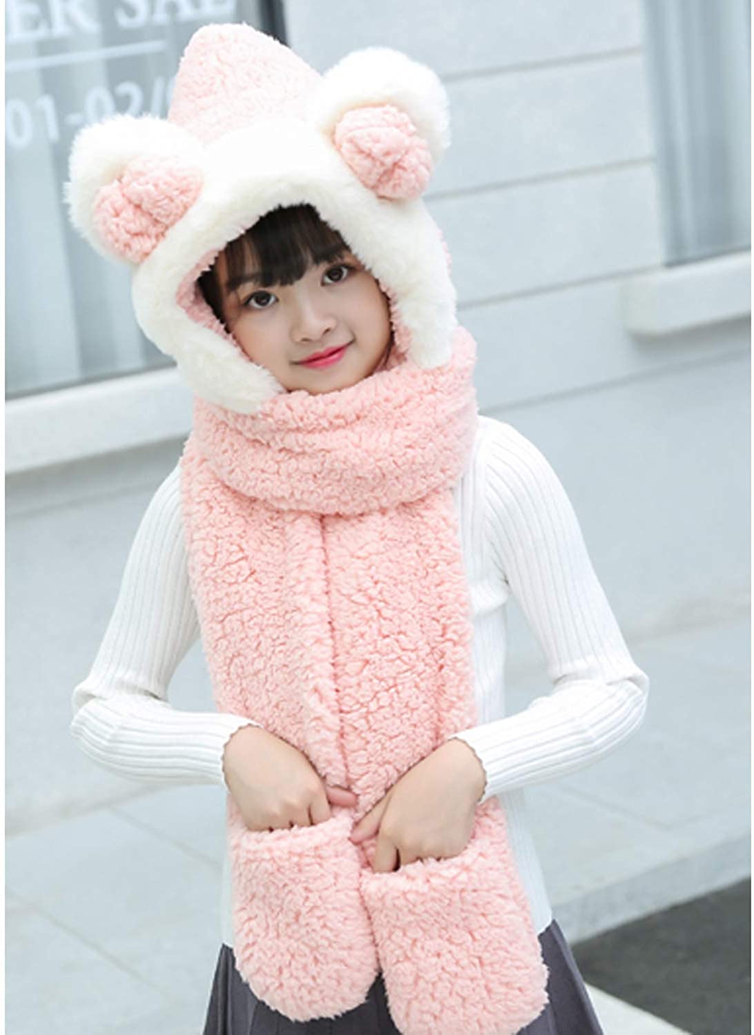 Kids Girls Boys Winter Warm Cartoon Dinosaur Fuzzy Fleece Scarf Hats Color : Beige, Size : 3-12 years Cute Hooded Scarf Earmuffs With Pockets Outdoors cap
