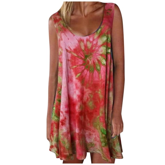 Dresses for Women 2025 Elegant Classy, Women Dresses,Tie-Dye Women's Casual Dress Sleeveless Loose O-Neck Fashion Vest Colorful Print Summer Beach Dress