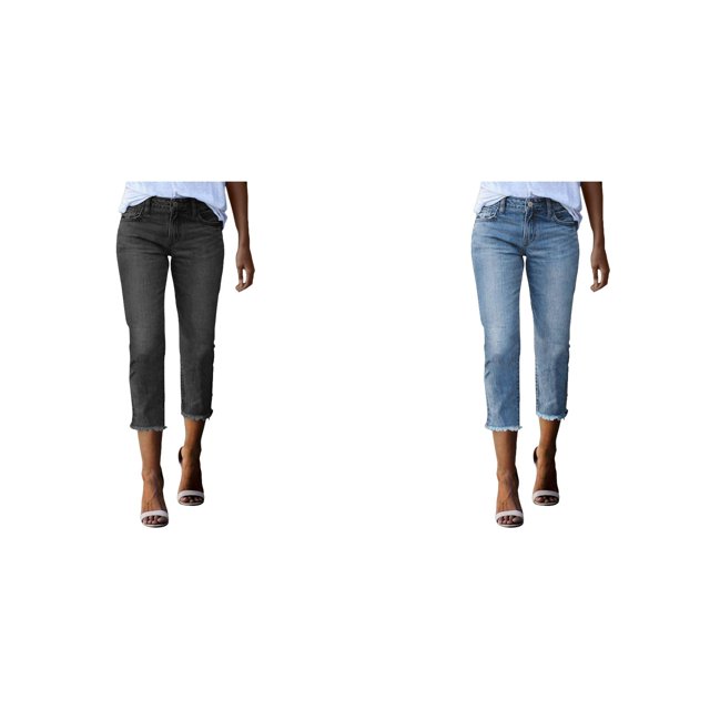 (2-Pack) Rinsvye Women'S Distressed Denim Capris Button Fly Mid-Length Casual Jeans Stretch Fabric Straight Leg Summer Pants Retro Style