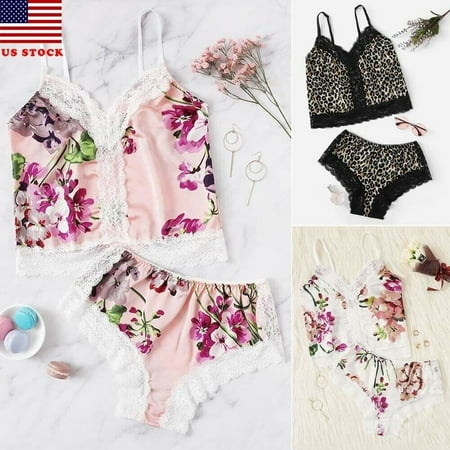 

Summer Women Sexy Pajamas Silk Pijamas Sleepwear Deep V Sling Lingerie Set