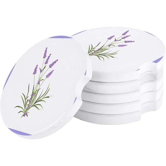 FMSHPON Purple Lavender Romantic Flower Set of 4 Car Coaster for Drinks, Absorbent Ceramic Stone Coasters Cup Mat with Cork Base for Home Kitchen Room Coffee Table Bar Decor