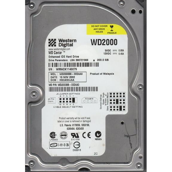 WD2000BB-00DAA0, DCM HSCANVJAA, Western Digital 200GB IDE 3.5 Hard Drive