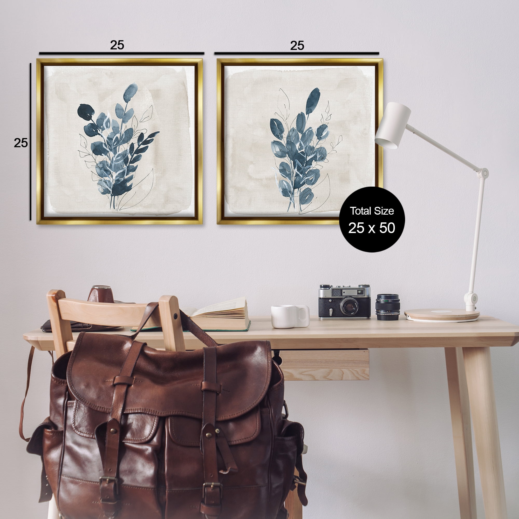 Stupell Industries Blue Summer Leaves Plants & Flowers Painting Gold Floater Framed Canvas Art Print Wall Art, 25 x 25, Set of 2