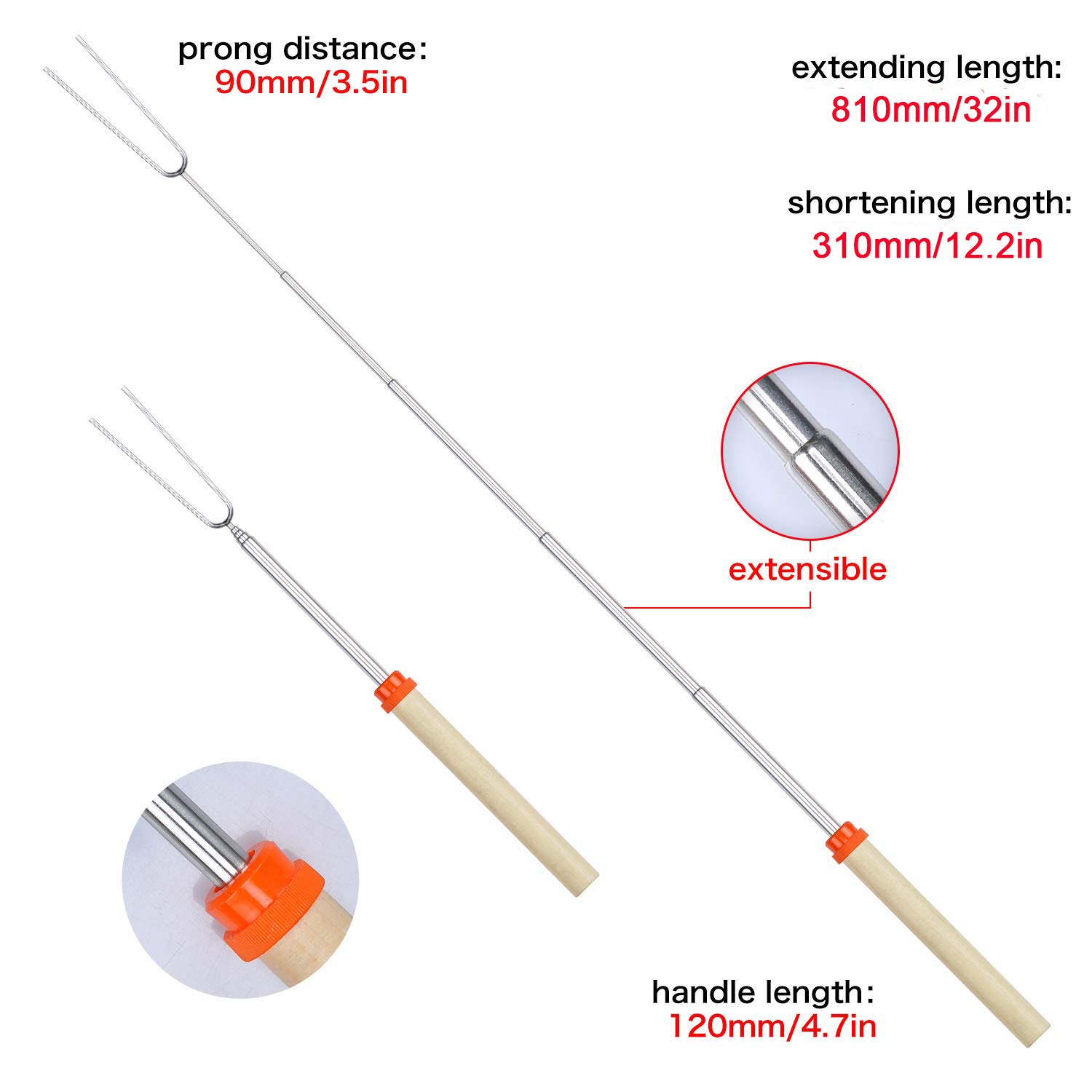 Marshmallow Roasting Sticks Set of 8 Telescoping Smores Skewers Stainless Steel BBQ Barbecue Forks & Hot Dog Fork 32 Inch Extendable Patio Fire Pit, Camping, Campfire, Bonfire, Cookware Kit - image 2 of 9