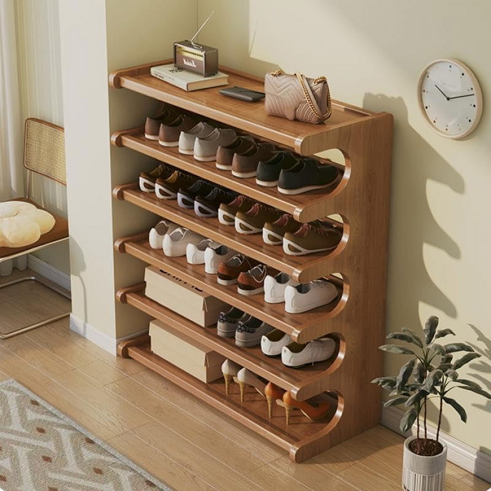 6 Tiers Shoe Racks, Bamboo Vertical Shoe Rack Organizer for Closet Floor, Wooden Stackable Shoe Storage Shelves, for Entryway, Hallway, Multifunctional Front Door Shoe Rack, 70cm/27.5''