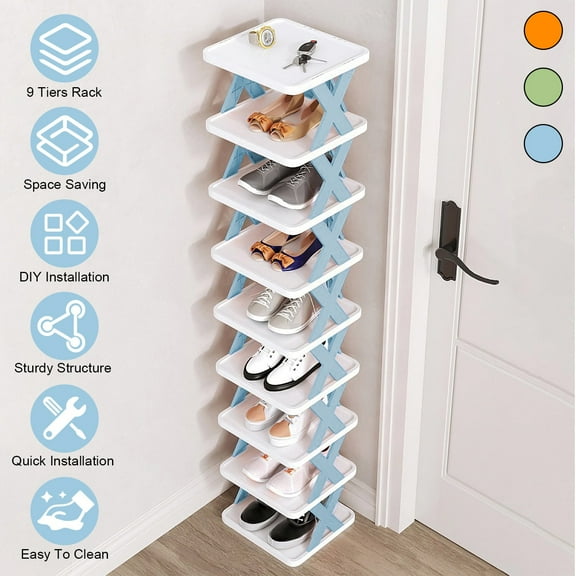 9 Tiers Vertical Shoe Rack Plastic Stackable Shoe Rack Tall Narrow Shoe Rack for Entryway Blue