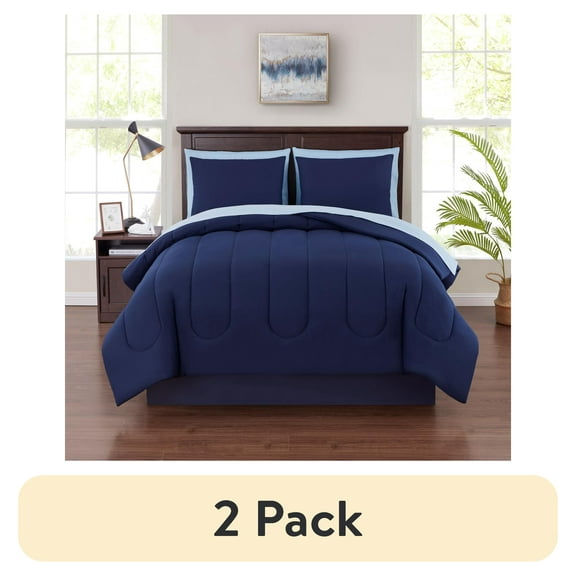 (2 pack) Mainstays 7 Piece Reversible Bed in a Bag Comforter Set with Sheets, Navy, Queen