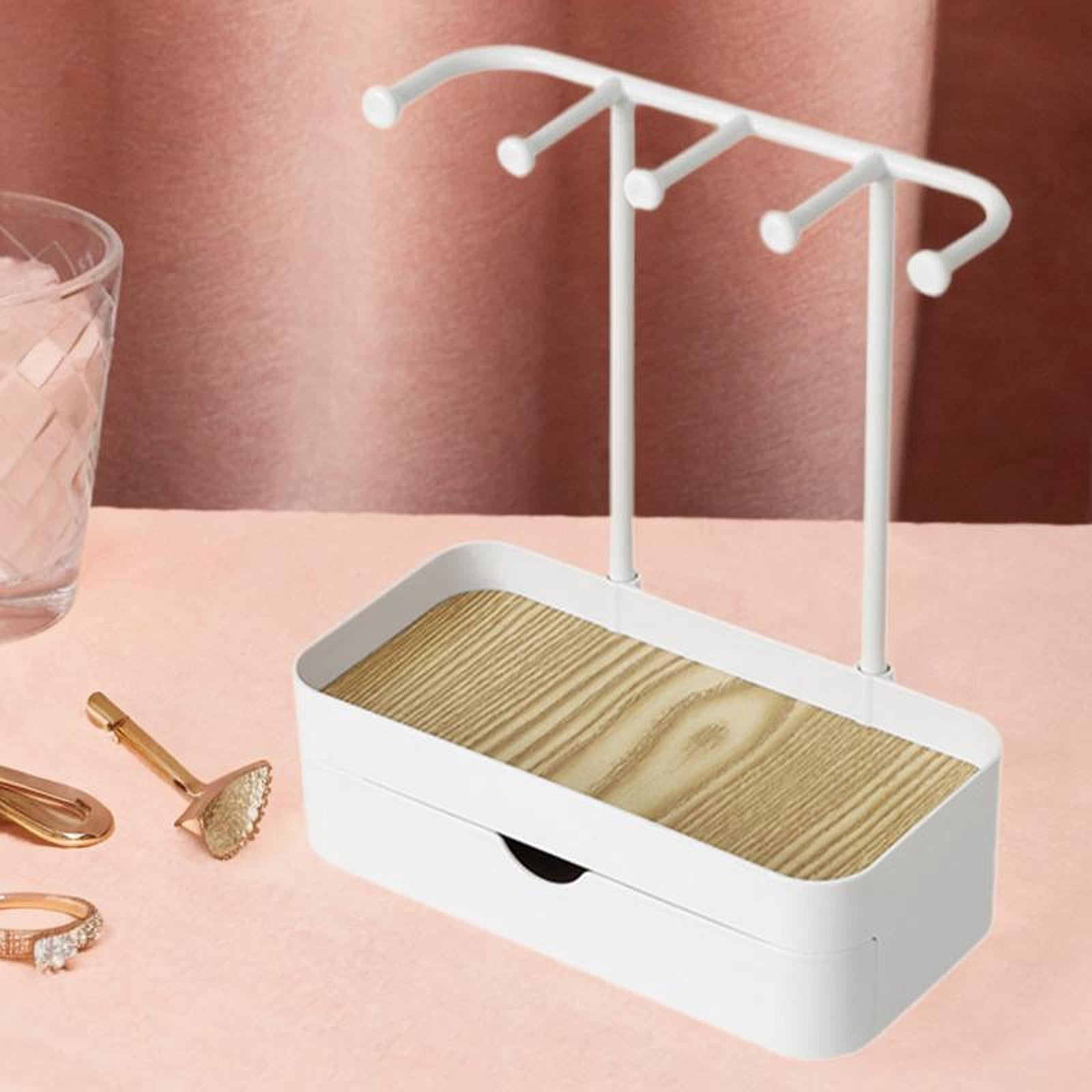 FVDPWYE Hanging Jewelry Stand Organizer with Wooden Tray Keychain 5 Hooks Storage Drawer White